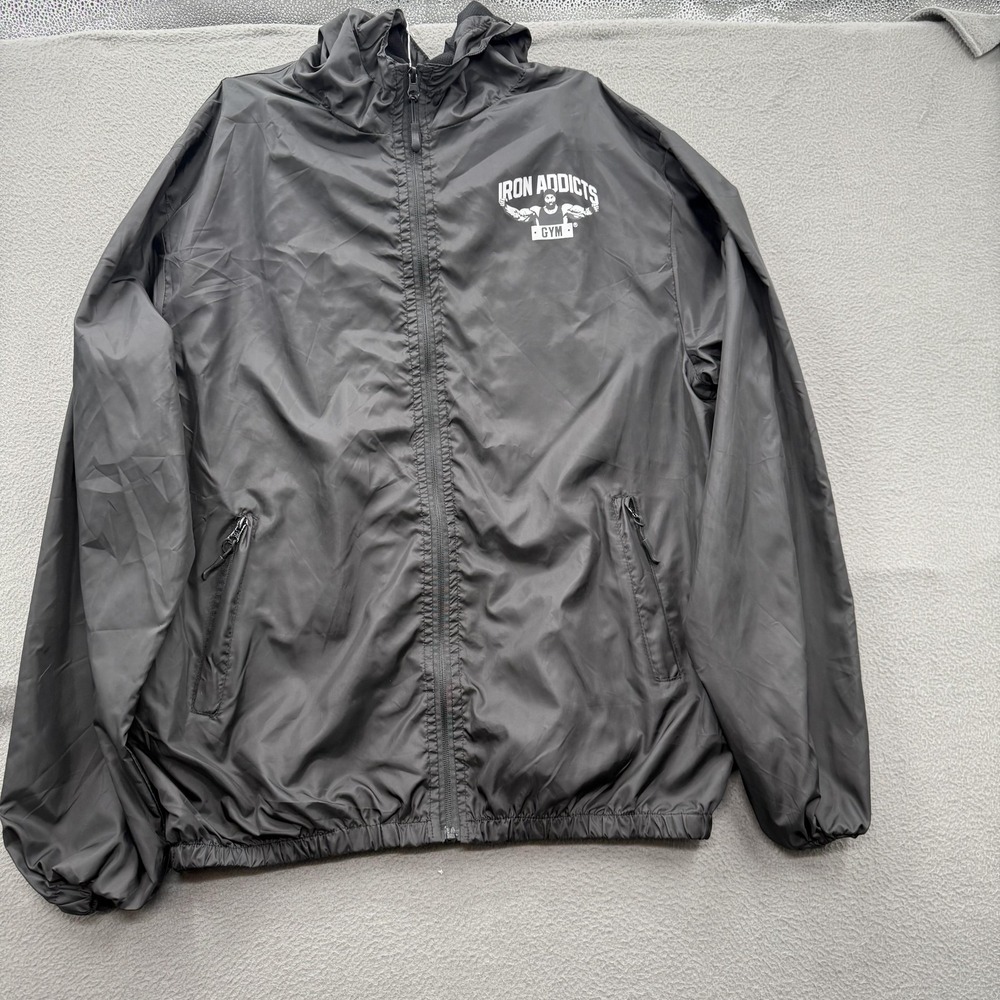 Iron Addicts Gym Jacket Mens XL Black Hooded Windbreaker Full Zip Logo Training‎